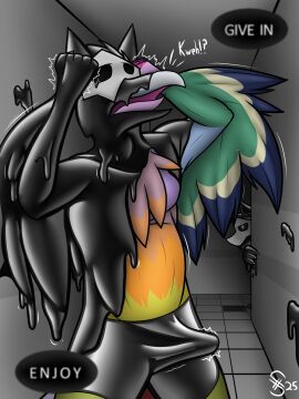 anthro avian bird black_body black_latex blue_wings bulge changed_(video_game) clothing columbid duo erection game_over gameplay_mechanics goo_transformation green_body green_wings hi_res latex latex_clothing latex_skinsuit latex_transformation male male/male mask mask_transformation pigeon pink_body puro_(changed) skinsuit tight_clothing transformation wearing_mask white_mask wings xyveon yellow_wings