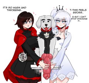 1animal 1boy 2girls big_penis blue_eyes canid canine canine_genitalia canine_penis clothing consensual domestic_dog english_text female fur grey_fur hand_on_penis handjob hearts_around_head huge_cock human interspecies kinathefox knot light-skinned_female light_skin long_hair male medium_hair multiple_females multiple_girls penis ruby_rose rwby silver_eyes text uncensored weiss_schnee white_hair zehn_(kinathefox) zoophilia