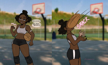 1girls artist_name bandage basketball belly_button black_hair booty_shorts breasts comedy dark-skinned_female dark_hair dark_skin dialogue female funny girlfailure humor kuma_(kumasncreme) kumasncreme midriff original shorts small_breasts solo solo_female sports_bra sweat sweating tagme text