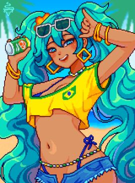 2020 2024 alternate_skin_color artist_logo bangles beach beads belly_button bikini bikini_under_clothes blue_eyes blue_hair booty_shorts brazil brazilian brazilian_female brazilian_miku crop_top_overhang dark-skinned_female dark_skin ear_piercing female flag glasses_on_head hatsune_miku holding_soda looking_at_viewer meme navel necklace pixel_art short_shorts shorts soda_can solo swimsuit tanned_skin twintails vocaloid waist_beads wristwear yumykon