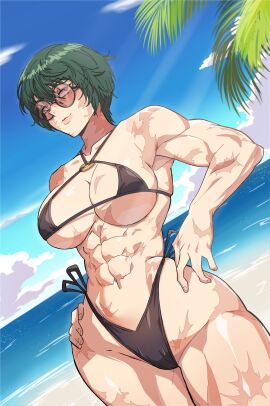 abs beach bikini burn_marks burns child_bearing_hips female female_only fit fit_female glasses green_skin hips jujutsu_kaisen light-skinned_female light_skin mg99 muscular muscular_arms muscular_female muscular_thighs revealing_clothes round_glasses scar scarred scars scars_all_over sea short_hair shounen_jump swimsuit swimwear thick thighs tomboy toned toned_female very_short_hair wide_hips zenin_maki