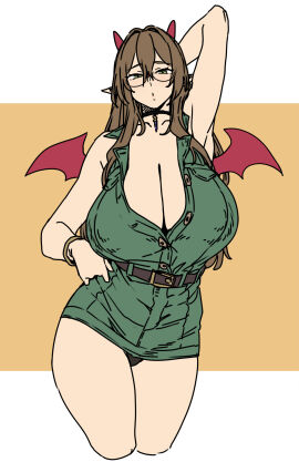 bare_shoulders black_panties breasts brown_hair brown_haired_glasses_elf_(houtengeki) chest_belt cleavage collar collarbone demon_horns demon_wings elf female glasses green_eyes green_shirt highres horns houtengeki jewelry large_breasts long_hair looking_at_viewer navel open_mouth original panties pointy_ears red_wings shirt solo standing thighs two-tone_background underwear wings