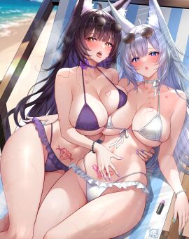 2girls :o animal_ear_fluff animal_ears azur_lane bead_bracelet beads bikini blue_eyes blush bracelet breasts choker cleavage collarbone commission cosmetics day eyewear_on_head female fox_ears fox_girl front-tie_bikini_top front-tie_top grey_hair heart highres jewelry large_breasts light-skinned_female light_skin lipstick_mark lipstick_tube long_hair looking_at_viewer multiple_females multiple_girls musashi_(azur_lane) nail_polish naughty_face navel open_mouth outdoors pubic_tattoo purple_bikini purple_choker purple_hair purple_nails sakura_empire_(azur_lane) shinano_(azur_lane) shinano_(dreamy_white_sands)_(azur_lane) skeb_commission stomach studiopokotan sunglasses swimsuit tattoo thighs underboob veins veiny_breasts white_bikini white_choker yellow_eyes