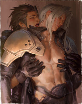2boys black_hair blush breasts color crisis_core_final_fantasy_vii exposed_torso final_fantasy final_fantasy_vii from_behind gay groping groping_breasts half-closed_eyes human licking licking_neck light-skinned_male light_skin long-haired_male long_hair male male/male male_focus male_only muscular muscular_male nipples painting_(artwork) pauldrons sephiroth silver_hair solo solo_male spiky_hair submissive submissive_male tagme terribleaunt undressing yaoi zack_fair