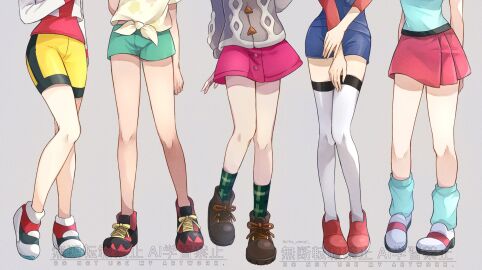 5girls bike_shorts blue_overalls blue_shirt boots cardigan dress female floral_print gloria_(pokemon) green_shorts grey_background grey_cardigan highres jacket kris_(pokemon) leaf_(pokemon) leg_focus legs long_sleeves loose_socks lower_body lyra_(pokemon) multiple_females multiple_girls nintendo overalls pika_yomogi pink_dress plaid_clothes plaid_socks pokemon pokemon_frlg pokemon_gsc pokemon_hgss pokemon_sm pokemon_ss red_shirt red_skirt selene_(pokemon) shirt shoes shorts simple_background skirt sleeveless sleeveless_shirt sneakers socks suspenders thighhighs tied_shirt wallpaper white_thighhighs yellow_shirt yellow_shorts