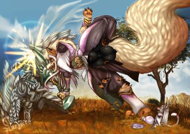 2025 animal_genitalia anthro arcanine arkveld balls canid canine capcom clothed clothing digital_media_(artwork) felid felyne generation_1_pokemon genitals great_sword_(monster_hunter) group hi_res likeablemouse lomethoron low-angle_view lynian macro male mammal melee_weapon monster monster_hunter nintendo outside palico pokemon pokemon_(species) sheath sword tempo_arcanine torn_clothing weapon