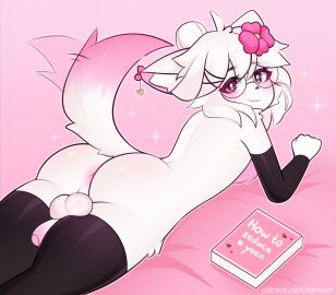 accessory anthro armwear ass balls book canid canine clothing domestic_cat eyewear feline femboy fiamourr flower flower_in_hair fur genitals glasses hair hair_accessory humanoid_genitalia humanoid_penis latex latex_armwear latex_clothing latex_legwear legwear looking_back lying male mammal on_front penis pink_body pink_eyes pink_fur plant smile smiling_at_viewer solo tail tail_motion tailwag text url white_body white_fur white_hair