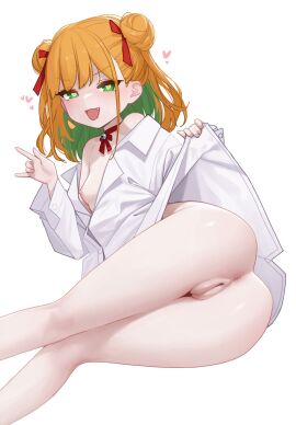 anus ass bare_legs bell blush breasts choker cute_fang double_bun female green_eyes green_hair hair_bun hair_ribbon heart heart-shaped_pupils highres indie_virtual_youtuber looking_at_viewer multicolored_hair neck_bell nipples nujig open_mouth orange_hair pussy red_choker ribbon ribbon_choker shirt simple_background small_breasts solo symbol-shaped_pupils tamura_mikan two-tone_hair uncensored virtual_youtuber white_background white_shirt