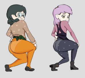 2girls alexpir amity_blight ass big_ass black_dress black_leggings black_legwear brown_jacket female female_only glasses green_dress heel_boots legs lifting_skirt looking_at_viewer multiple_females multiple_girls orange_leggings orange_legwear overall_dress panties pantyhose pink_hair pointy_ears purple_hair round_glasses see-through_clothing see-through_leggings see-through_legwear short_hair skirt_lift slippers smile the_owl_house willow_park witch_(the_owl_house) yellow_eyes