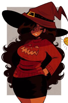 big_breasts breasts cleavage_cutout clothing_cutout dark-skinned_female dark_skin female noel_spice_(xoauri) sweater witch_hat xoauri