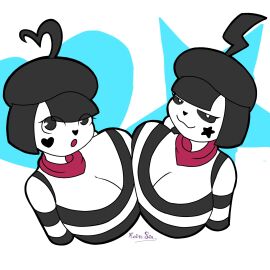 big_breasts black_hair bonbon_(derpixon) breasts breasts_bigger_than_head breasts_squeezed_together chuchu_(derpixon) cleavage female heart_on_cheek huge_breasts kairasin mime mime_girl open_mouth red_scarf smug smug_face smug_grin star_on_cheek white_skin