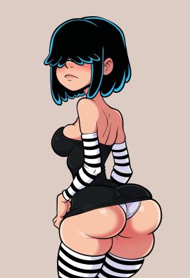 1girls aged_up ass ass_focus atomicrailgun black_hair bubble_ass bubble_butt butt_focus clothed dress elbow_gloves fat_ass female female_only goth hair_between_eyes hair_over_eyes huge_ass huge_butt long_hair looking_at_viewer looking_back lucy_loud nickelodeon panties presenting_ass rear_view revealing_clothes sideass simple_background skindentation solo teenager the_loud_house thighhighs voluptuous