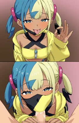 1boy absurdres bandeau blue_eyes canari_(pokemon) censored collarbone commentary_request cum eyelashes fellatio fellatio_gesture fellatio_under_mask female highres hood hood_down hooded_jacket jacket long_sleeves mask mosaic_censoring mouth_mask multicolored_hair oral penis pokemon pokemon_legends:_z-a raised_inner_eyebrows sirahone straight textless_version tongue tongue_out twintails yellow_bandeau yellow_jacket zipper zipper_pull_tab