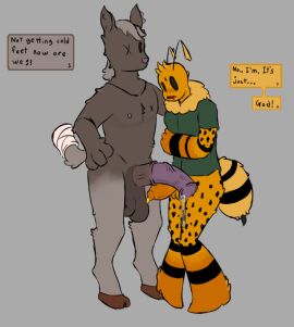 animal_genitalia animal_penis anthro arthropod balls bee big_balls big_penis bodily_fluids brown_body brown_fur duo equid equine equine_genitalia equine_penis fur genital_fluids genitals hooves horse huge_cock humanoid hymenopteran insects male male/male mammal maxiart12e3 penis precum speech_bubble unusual_bodily_fluids yellow_body yellow_fur