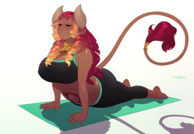 1girls ass bangs bell belly_tattoo big_ass big_breasts black_sports_bra black_top blush breasts cleavage closed_eyes collar corruption_of_champions cow_girl cow_horns cow_tail cowbell curled_hair dark-skinned_female dark_skin ear_piercing earrings elf_ears excellia_(corruption_of_champions) eyebrows eyebrows_hidden_hair fangdangler female gradient_hair hair_over_shoulder hair_over_shoulders horns kemono kemonomimi large_breasts long_hair long_tail on_all_fours orange_hair original pierced_ears pointy_ears red_hair redhead shadow sidelocks smile solo sport_top sports_bra tail_cuff tank_top tattoo tattoo_on_belly white_background yoga yoga_mat yoga_pants yoga_pose