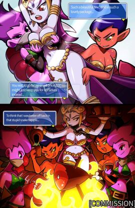 2d 2d_(artwork) 2d_artwork 5girls alcohol alcoholic_drink archer_(shantae) bandit bare_arms bare_legs bare_midriff bare_shoulders bare_thighs belly_button belly_dancer belly_dancer_outfit belt belt_collar big_breasts bikini bikini_top black_eyes blue_earrings blue_gem blue_gemstone blue_hair bra bracelet breasts campfire captured captured_female captured_heroine captured_villainess cleavage cobra_tiara collar comic_page comic_panel cooking cups dancer dancer_class dancer_girl dancer_outfit dancer_risky_boots drinks earrings eyeshadow face_veil female gems gemstone gold_(metal) gold_bikini gold_bikini_top gold_bra gold_bracelets gold_collar gold_jewelry gold_thigh_ring gold_thighlet gold_tiara golden_bikini golden_bikini_top golden_bra golden_bracelets golden_collar golden_thigh_ring golden_tiara green_bra green_eyes green_shorts groping groping_breasts groping_from_behind half_naked harem harem_girl harem_jewelry harem_outfit leash leash_and_collar leash_pull leashed_collar leashed_female light-skinned_female light_skin loincloth long_hair meat midriff monster_girl navel open_mouth overboob pale-skinned_female pale_skin purple_eyeshadow purple_hair purple_loincloth purple_skin purple_skinned_female red_eyes red_skin red_skinned_female risky_boots ropes scorpgal scorpion_body scorpion_girl scorpion_humanoid scorpion_tail shantae shantae_and_the_pirate's_curse short_hair slave slave_bikini slave_collar slave_girl slave_outfit stroking stroking_thigh sunlight tanline_island text text_box text_bubble thick_thighs thigh_ring thighlet thighlets tiara tied_legs tied_up tied_up_female unhinged-honey veil waitress