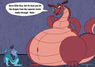 big_belly crossover disney dragon dragon_(shrek) dreamworks furry jessicarothman87 navel navel_piercing raya_and_the_last_dragon shrek_(series) sisu_(ratld) text