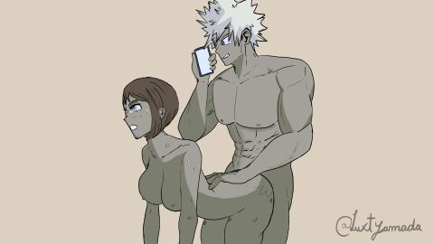 1boy 1girls bakugou_katsuki boku_no_hero_academia cuckold doggy_style female female_penetrated from_behind_position incorrect_anatomy katsuki_bakugou male male/female male_penetrating my_hero_academia netorare ntr nude ochako_uraraka phone sex smartphone standing_doggy_style straight tagme uraraka_ochako