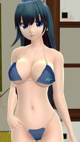 1girls 2023 3d belly_button bikini blue-haired_female blue_bikini blue_eyes breasts clavicle cleavage female hati_yukkuri_mmd hips iizunamaru_megumu indoors interior_background jpeg light-skinned_female light_skin long-haired_female looking_at_viewer mmd nipple_outline open_mouth solo_female solo_focus swimsuit tengu touhou waist youkai