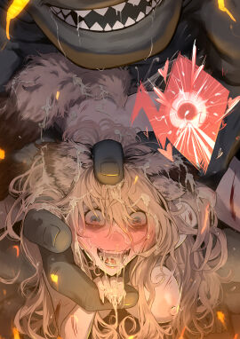 absurdres ape arm_grab arm_held_back blonde_hair blue_hair blush breasts completely_nude crying crying_with_eyes_open cum defeat female freckles haplorhine injury long_hair medium_breasts monster nipples nude open_mouth primate pussy red_eyes restrained ryona sex sex_from_behind shitappa0120 size_difference straight tears torn_clothes vaginal_penetration zoophilia