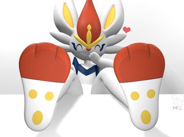 3d 3d_(artwork) anthro blender_(software) cinderace closed eyes feet feet_tease female female_only foot_focus fur furry furry_only heart mammal mslooukachi nintendo paws pokemon presenting_feet presenting_paws simple_background text video_games white_fur