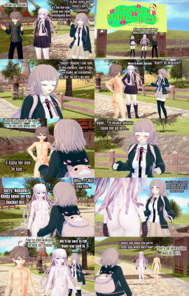 1boy 2girls 3d ass barefoot breasts clothed_female_nude_female clothed_female_nude_male completely_nude convenient_censoring danganronpa danganronpa:_trigger_happy_havoc female grey_hair hair_censor human kirigiri_kyouko long_hair male male_nipples multiple_females multiple_girls naegi_makoto naked_gloves nanami_chiaki navel nipples nude nude_female nude_male retropunch short_hair sonia_nevermind undressing white_hair