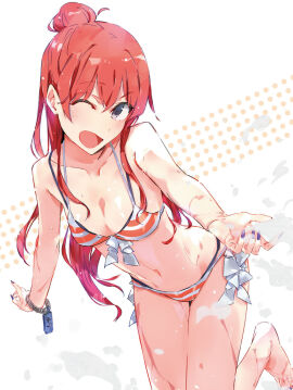 bare_arms bare_belly bare_legs bare_shoulders bare_thighs barefoot belly_button bikini blue_eyes blue_nails blush bracelet breasts cleavage collarbone feet female front-tie_top long_hair medium_breasts nail_polish one_eye_closed open_mouth ponkan_8 pussy red_bikini red_hair sakaki_shizuka shirobako smile striped_bikini thighs toes wet_pussy
