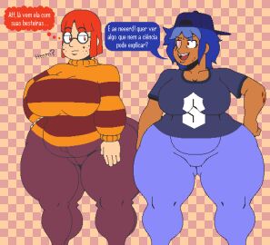 2d 2d_(artwork) 2girls ass big_ass big_breasts breasts cap chloe_(thewastetunnels) clothed daisy_(thewastetunnels) dark_blue_hair dark_skin dialogue female freckles freckles_on_face glasses huge_ass huge_breasts nerd nerdy nerdy_female orange_eyes orange_hair original original_character pants portuguese_text spots sweater text xmelomor24x