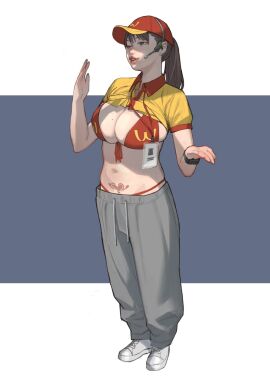 1girls big_breasts bra breasts brown_eyes brown_hair cap cashier clothed clothes_lift collared_shirt exhibitionism female front-tie_top hat headphones id_card light-skinned_female light_skin mcdonald's navel original original_character panties pants ponytail pubic_tattoo shirt_lift shoes simple_background solo sweatpants sweetcassava tattoo thong unaware uniform watch wcdonald's work_uniform wristwatch
