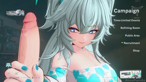 blue_eyes blue_hair blue_nail_polish blue_nails collar florence_(girls'_frontline_2) girls'_frontline girls'_frontline_2:_exilium handjob heart-shaped_pupils heart_necklace heart_pasties main_menu menu necklace precum_string ricepanda tagme translucent_clothing twintails two_side_up video