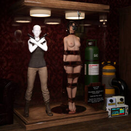 1girls 3d arms_at_sides asleep barefoot bound bound_arms bound_legs bound_neck breasts captured captured_heroine chloroform clothes_removed completely_nude defeated defeated_heroine display display_case english_text eyes_closed feet female forniphilia gas_mask helpless helpless_female human_furniture human_trophy immobile indoors lara_croft lara_croft_(survivor) legs_together living_statue living_trophy mannequin midriff name_tag nipples nude nude_female oldmanjaay overhead_light permanent_bondage plaque pussy pussy_obscured sign solo_female stasis_chamber stationary_restraints stripped stripped_naked suspension suspension_bondage text tomb_raider tomb_raider_(survivor) trophy_case unconscious
