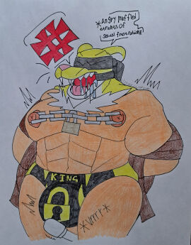 1boy abs angry animal_mask ball_gag bara barazany420 black_text blindfold bodily_fluids bondage bound bulge chained chains chastity_device dialogue english_text flaccid gag gagged genitals hairless hi_res human king_(tekken) lock lock_symbol male male_human male_only mammal mask muscular muscular_human muscular_male nipple_piercing nipples null null_bulge padlock penile penis piercing restraints rope rope_bondage saliva sex_toy shaking solo submissive_male tekken text trembling vibrator vibrator_on_penis wand_vibrator yaoi yellow_text