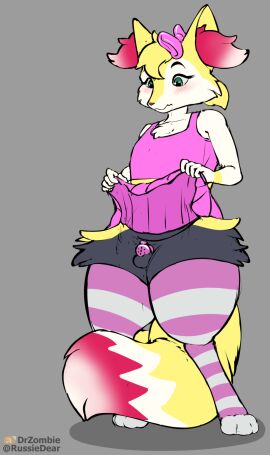 1boy accessory anthro artist_name balls black_body black_fur bottomwear bow_ribbon braixen canid canine chastity_cage chastity_device clothed clothing crop_top crossdressing dipstick_tail dr_zombie femboy fox fur generation_6_pokemon genitals green_eyes grey_(dgbraixen) hair_accessory hair_ribbon hairbow hi_res legwear male male_braixen mammal markings metal_chastity_cage nintendo no_underwear pokemon pokemon_(species) raised_bottomwear raised_clothing raised_skirt ribbons shirt simple_background skirt skirt_lift solo tail tail_markings text thigh_highs topwear wearing_chastity_cage wearing_chastity_device white_body white_fur yellow_body yellow_fur