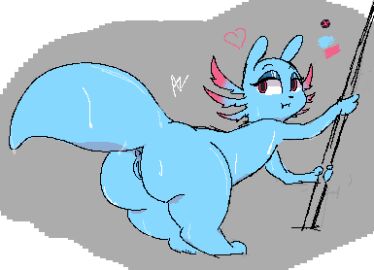 anthro anus ass azlech blue_body blue_skin digital_media_(artwork) eyelashes eyeshadow female frill_(anatomy) genitals low_res makeup melee_weapon nude pixel_(artwork) polearm presenting presenting_pussy pussy rain_world rivulet_(rain_world) slugcat solo solo_focus spear tail thick_thighs videocult weapon wet