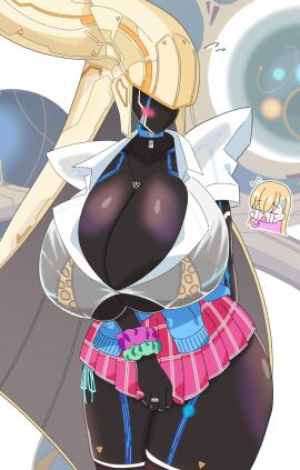 1girls aeda_type-g big_breasts black_body blush blush_lines boryeon_(last_origin) breasts_bigger_than_head choker cleavage embarrassed female female_focus female_only gigantic_breasts hoodie_around_waist huge_breasts humanoid humanoid_robot large_breasts last_origin leopard_print long_hair massive_breasts necklace non-human nymph_0010 pulling_skirt robot robot_girl see-through see-through_clothing see-through_shirt shirt short_skirt skirt solo solo_female solo_focus standing thick_thighs thighs white_shirt