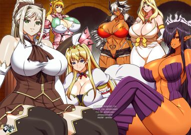 6girls anrietta_(buta_no_gotoki) black_hair blonde_hair breasts buta_no_gotoki_sanzoku_ni_torawarete_shojo_o_ubawareru_kyonyuu_himekishi_&_onna_senshi:_zettai_chinpo_nanka_ni_maketari_shinai!!_the_animation butahimesama:_queen_meets_orc cleavage cleavage_cutout crossover dark-skinned_female dark_elf dark_skin elf elf_ears elf_female female harem helga_(buta_no_gotoki) henrietta_(buta_no_gotoki) himekishi_lilia huge_breasts inda_no_himekishi_jeanne irena_(butahimesama) jadenkaiba jeanne_grenoble kuroinu_~kedakaki_seijo_wa_hakudaku_ni_somaru~ leila_eberwein lilia_eberwein long_hair looking_at_viewer multiple_females multiple_girls olga_discordia platinum_blonde_hair pointy_ears revealing_clothes scar silver_hair