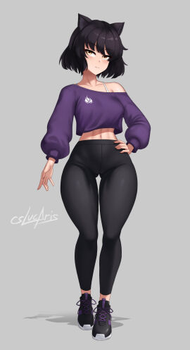 1girls black-haired_female black_hair blake_belladonna cat_ears clothed_female cslucaris faunus female hand_on_hip rwby short_hair solo_female yellow_eyes