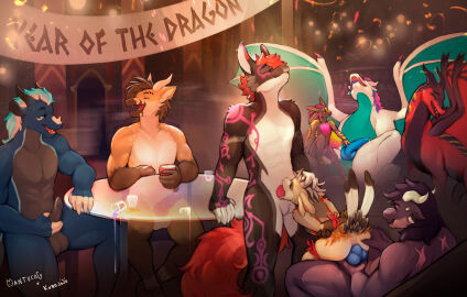 absurd_res alcohol anal anal_sex anthro anus ass ass_grab ass_up avali avian balls beer being_watched beverage big_dom_small_sub big_penis black_body blue_body bodily_fluids brown_body butt_grab casual casual_nudity casual_sex celebration chinese_zodiac closed_eyes container cum cup dancing derg_(dergun) dominant dragon drinking drinking_glass drunk drunk_sex ear_piercing exhausted exhibitionism fellatio fellatio_while_penetrated feral fur fur_markings gambit_farsight genital_fluids genitals glass glass_container glass_cup green_body grey_body group group_nudity group_sex hair hand_on_ass hand_on_butt hand_on_head hand_on_penis handjob hi_res horn interspecies knot kurojojo laugh looking_at_another looking_at_viewer looking_pleasured male male/male male_penetrated male_penetrating male_penetrating_male mantucat markings messy multicolored_body multicolored_fur multicolored_hair muscular muscular_male mythological_creature mythological_scalie mythology nude open_mouth oral oral_penetration orgy party penetration penile penile_penetration penis penis_in_ass piercing pineapple_(character) pink_markings precum purple_body red_body red_hair scalie scar sex size_difference smaller_anthro smaller_male smaller_penetrated smile spread_legs spread_wings spreading standing standing_sex submissive submissive_male substance_intoxication tired tongue tongue_out voyeur white_body wings year_of_the_dragon