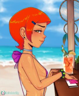 1girls 2d beach ben_10 breasts cartoon_network condom condom_wrapper female female_focus female_only green_eyes gwen_tennyson looking_at_viewer outdoors outside pov randomboobguy red_eyes redhead sideboob sling_bikini slingshot_swimsuit solo suggestion suggestive tagme tease teasing