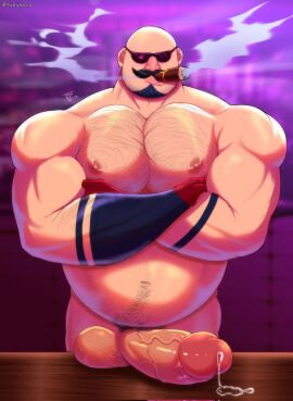 1boy abs bald balls bara beard big_balls big_muscles big_nipples big_nose big_pecs big_penis brown_hair cigar daddy dilf erection gay hair hairy hairy_chest hairy_male happy_trail heart_eyes huge_balls huge_cock huge_muscles huge_pecs human hunk male male_focus male_only moustache musclegut muscles muscular muscular_human muscular_male navel nipples nude penis pubic_hair signature smoking solo strange_flesh sunglasses the_bartender_(strange_flesh) tobybara yaoi
