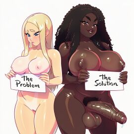 ai_generated big_balls black_hair blonde_female blonde_hair blue_eyes breast_size_difference brown_eyes dark-skinned_female dark-skinned_futa huge_breasts huge_cock humiliation imminent_sex long_hair precum pubes pubic_hair shaved_pussy tanline testicles