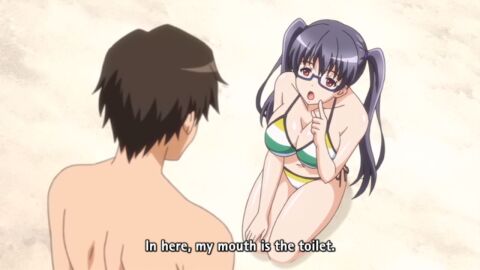 1boy beach bikini breasts curvy curvy_figure eroge!_h_mo_game_mo_kaihatsu_zanmai female glasses human_toilet kosaka_iori large_breasts male screencap stitched subtitled twintails