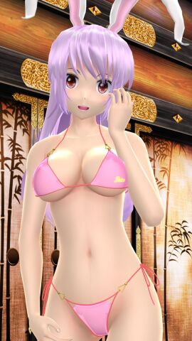 1girls 2024 3d belly_button bikini breasts cleavage female hand_on_hair hati_yukkuri_mmd hips indoors interior_background jpeg kemonomimi light-skinned_female light_skin long-haired_female looking_at_viewer mmd one_arm_up open_mouth pink_bikini purple-haired_female rabbit rabbit_ears red_eyes reisen_udongein_inaba solo_female solo_focus swimsuit touhou waist