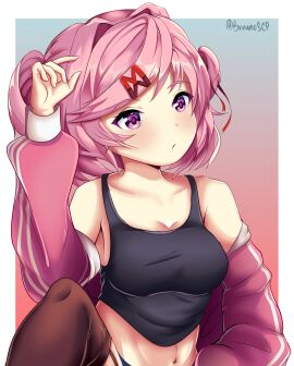 1girls 2d 5_fingers accurate_art_style artist_name bare_shoulders breasts bruuno bruunoscp doki_doki_literature_club female female_only hair_intakes light-skinned_female light_skin natsuki_(doki_doki_literature_club) pale-skinned_female pale_skin pink_eyebrows pink_eyes pink_hair solo twitter_username watermark
