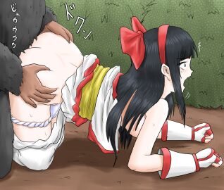 1girls ainu_clothes all_fours alternate_breast_size ass ass_grab big_ass black_hair breasts clothes_pull constricted_pupils doggy_style fat_ass female fingerless_gloves from_side fundoshi fundoshi_pull gloves hair_ribbon hanging_breasts haplorhine harukai-i highres implied_ejaculation implied_orgasm king_of_fighters large_breasts legs long_hair monkey nakoruru one_eye_closed open_mouth orgasm pants primate pussy ribbon samurai_shodown sex sex_from_behind sideboob snk surprised sweat thighs underwear vaginal_penetration white_panties wide-eyed zoophilia