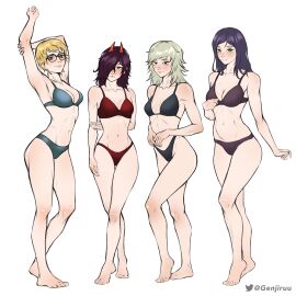 4girls blonde_hair breasts chainsaw_man female genjiruu glasses green_eyes horns long_(chainsaw_man) medium_breasts medium_thighs multiple_females multiple_girls purple_hair santa_claus_(chainsaw_man) short_hair simple_background standing swimsuit thigh_gap underwear whip_hybrid white_hair yuko_(chainsaw_man)