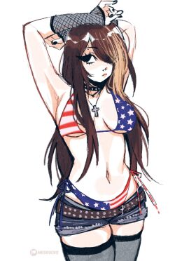 1girl american_flag american_flag_bikini american_flag_bikini_bottom arms_above_head arms_behind_head belt big_breasts bikini_bottom black_nails blonde_streak breasts brown_hair cross_necklace curvy_figure cutoff_shorts cutoffs denim denim_shorts eye_visible_through_hair eyebrows_through_hair eyelashes eyeliner female female_focus female_only hair_covering_eye hair_over_one_eye jorts looking_to_the_side megrocks multicolored_hair nails_painted necklace original painted_nails short_shorts solo solo_female solo_focus streaked_hair studded_belt thick_thighs thighhighs visible_underwear