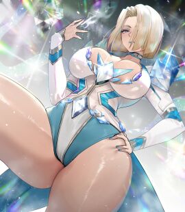 below_view blonde_eyebrows blonde_female blonde_hair blue_eyes blue_eyeshadow blue_lips blue_lipstick blue_nails bob_cut breasts cameltoe choker curvy emma_frost emma_frost_(marvel_rivals) eyebrows eyelashes eyeshadow female hair_over_one_eye hand_on_hip hand_on_own_hip highres hips large_breasts legs leotard light-skinned_female light_skin looking_at_viewer looking_down low-angle_view marvel marvel_comics marvel_rivals medium_hair one_arm_up one_leg_bent one_leg_raised pussy shiny_skin short_hair slightly_open_mouth solo sparkle standing_on_one_leg teddypocky thick_legs thick_thighs thighs viewed_from_below white_leotard wide_hips x-men