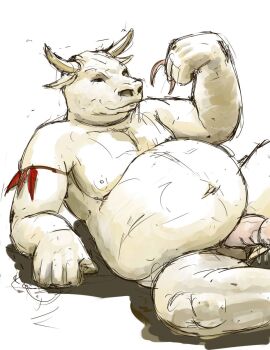 2010 after_orgasm anthro anthro_pred balls belly bodily_fluids bovid bovine cattle colored cum cum_on_penis erection genital_fluids genitals hi_res horn jeri_kleinlowe male mammal musclegut muscular navel nipples nude nude_male nude_pred penis saliva same_size_vore simple_background smile solo spread_legs spreading vore vore_belly white_background white_body willing_pred