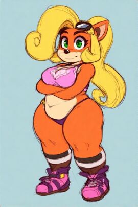 anthro ass big_ass big_breasts bottomless breasts clothing coco_bandicoot crash_(series) female female_only footwear green_eyes huge_ass pantsless slightly_chubby_female thick_thighs thong wide_hips